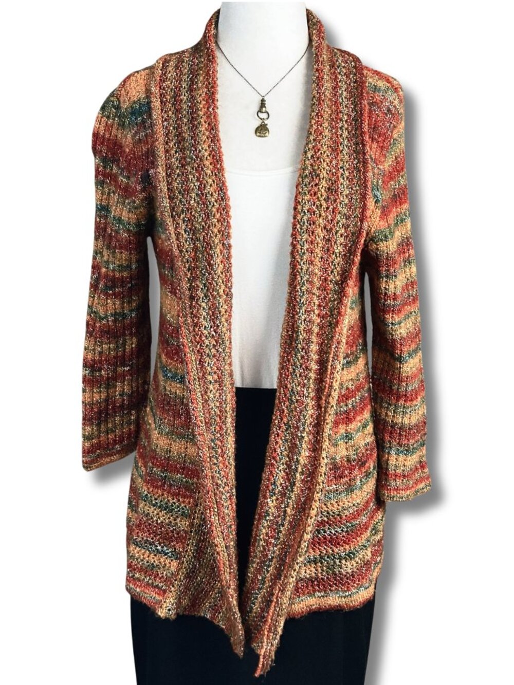 ALFRED DUNNER Striped fall colour open-front cardigan autumn boho MEDIUM LARGE